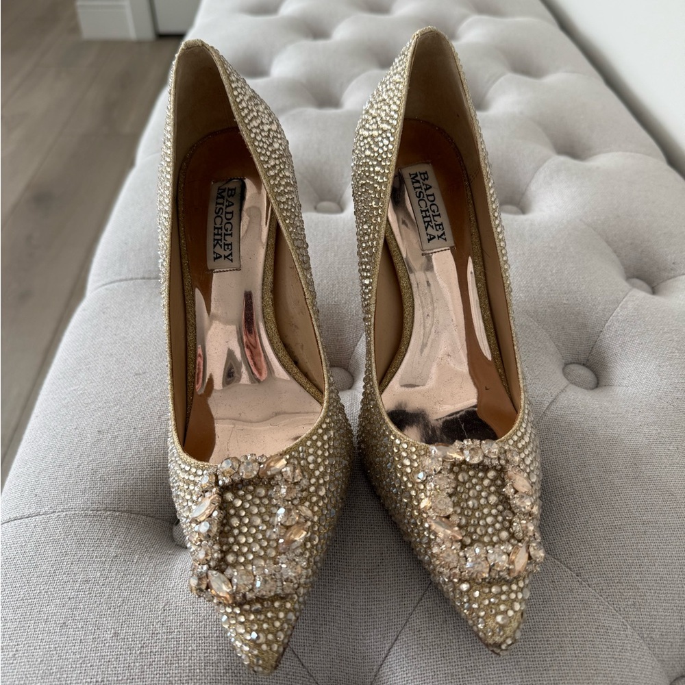 Badgley Mischka Gold Crystal Buckle Pointed-Toe Pumps